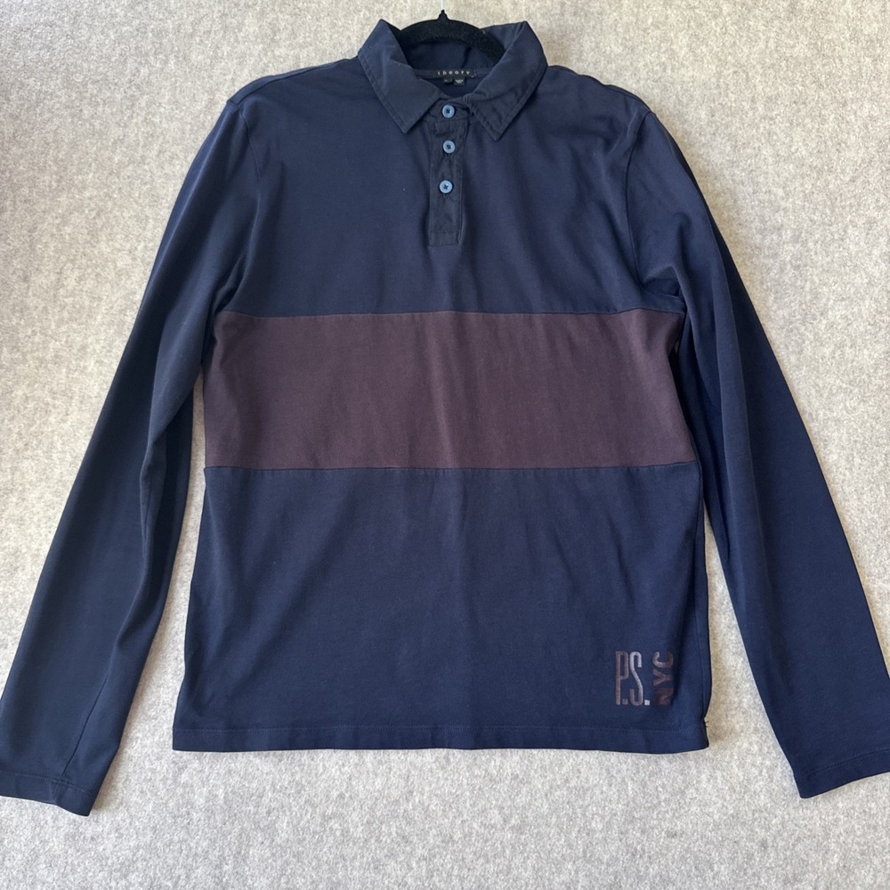 Theory Rugby Polo Shirt Mens M Navy Burgundy Stripe Long Sleeve Cotton P.S. NYC